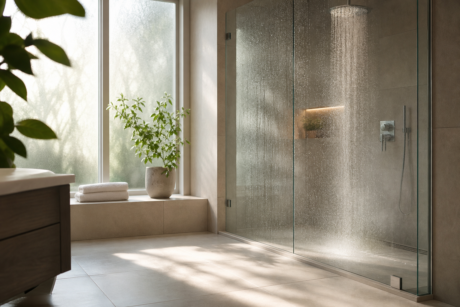 Shower Scene with Steam and Reflections