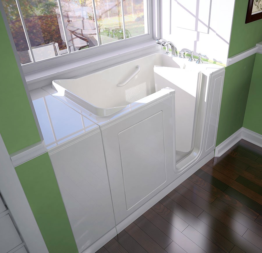 Accessible walk-in bathtub with outward-opening door and contoured interior seat