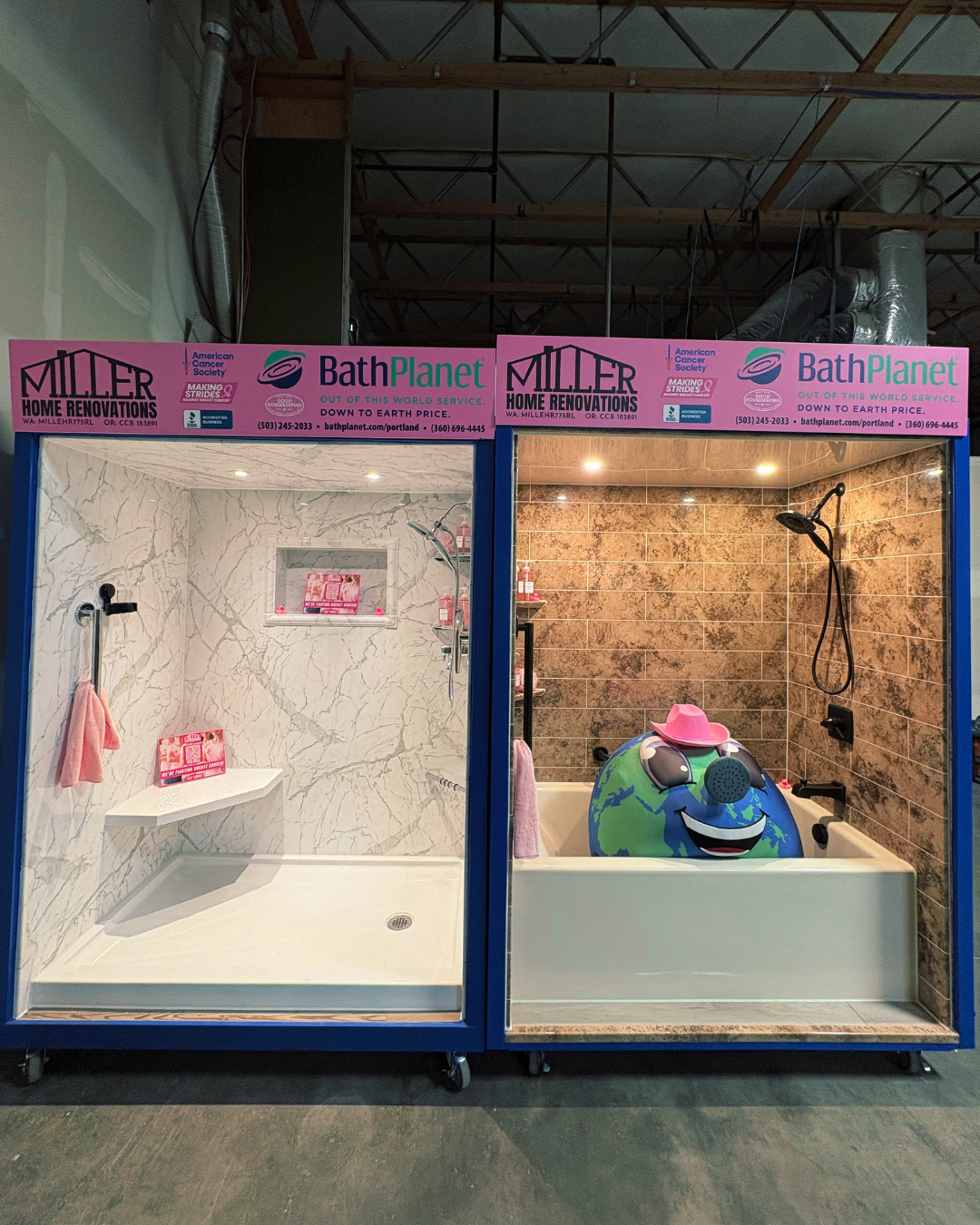 Showroom display featuring marble-look bath wall surrounds and bathroom fixtures